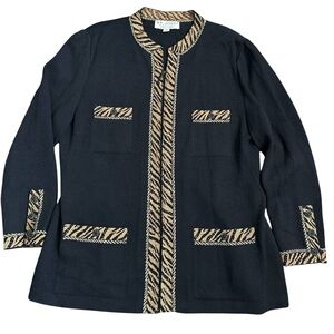 St. John Evening by Marie Gray Knit Jacket Black Gold Animal Print Trim Sz 16